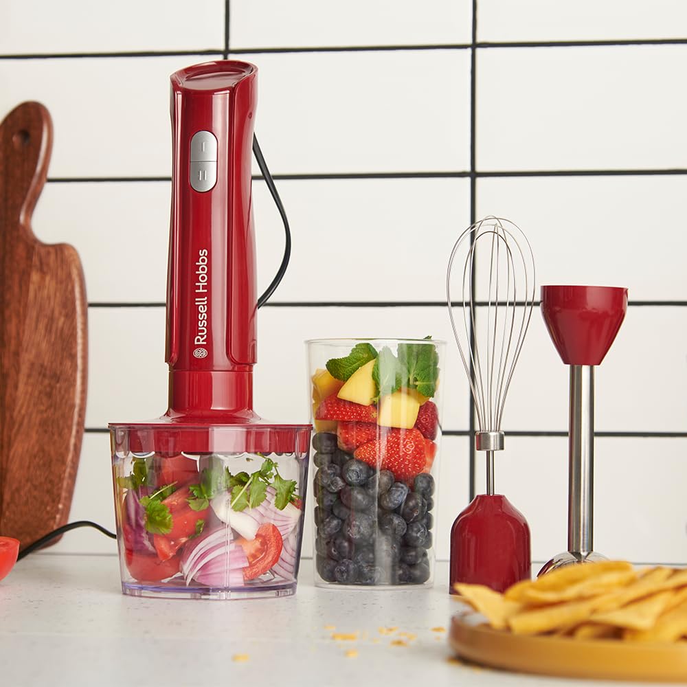 Russell Hobbs Frullatore a Immersione [3 in 1: Frullatore, Frusta e Lame Tritatutto] Desire Rosso (600ml, Parti lavabili in lavastoviglie, Lame acciaio inox, Per frullati, zuppe, salse) 27142-56