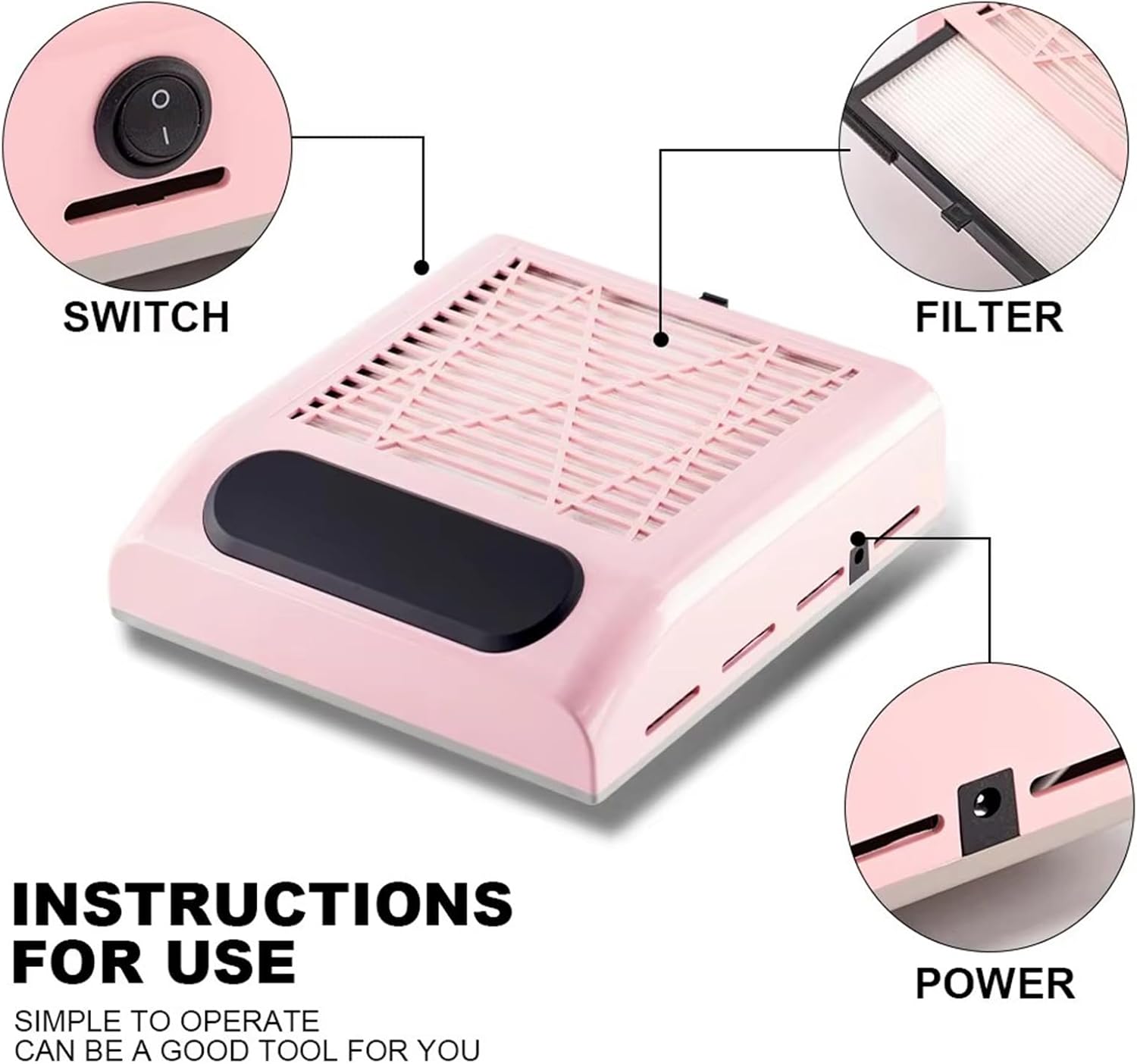 Nail Dust Collector, Powerful Nail Vacuum Fan 80W Dust Collector Extractor Electric Dust Suction Machine with Reusable Filter for Acrylic Gel Nails Polishing, Low Noise,Silver