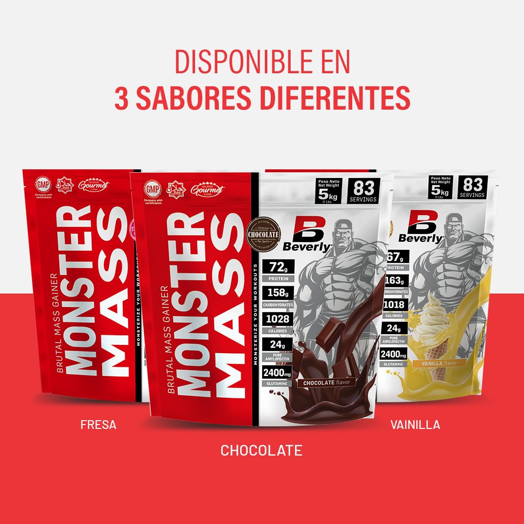 Beverly Monster Mass - Proteína de suero whey mas hidratos de carbono y glutamina - 5 Kg - 83 servicios - Masa muscular y fuerza. Excelente sabor y disolución. Sabor (VAINILLA)