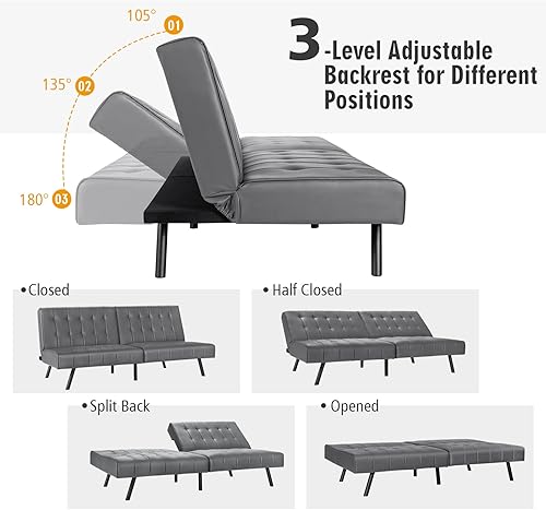Miniatura 5 de Giantex Sofá cama convertible, sofá cama futón, cama de invitados de piel sintética, respaldo ajustable, silla reclinable tapizada, sofá biplaza
