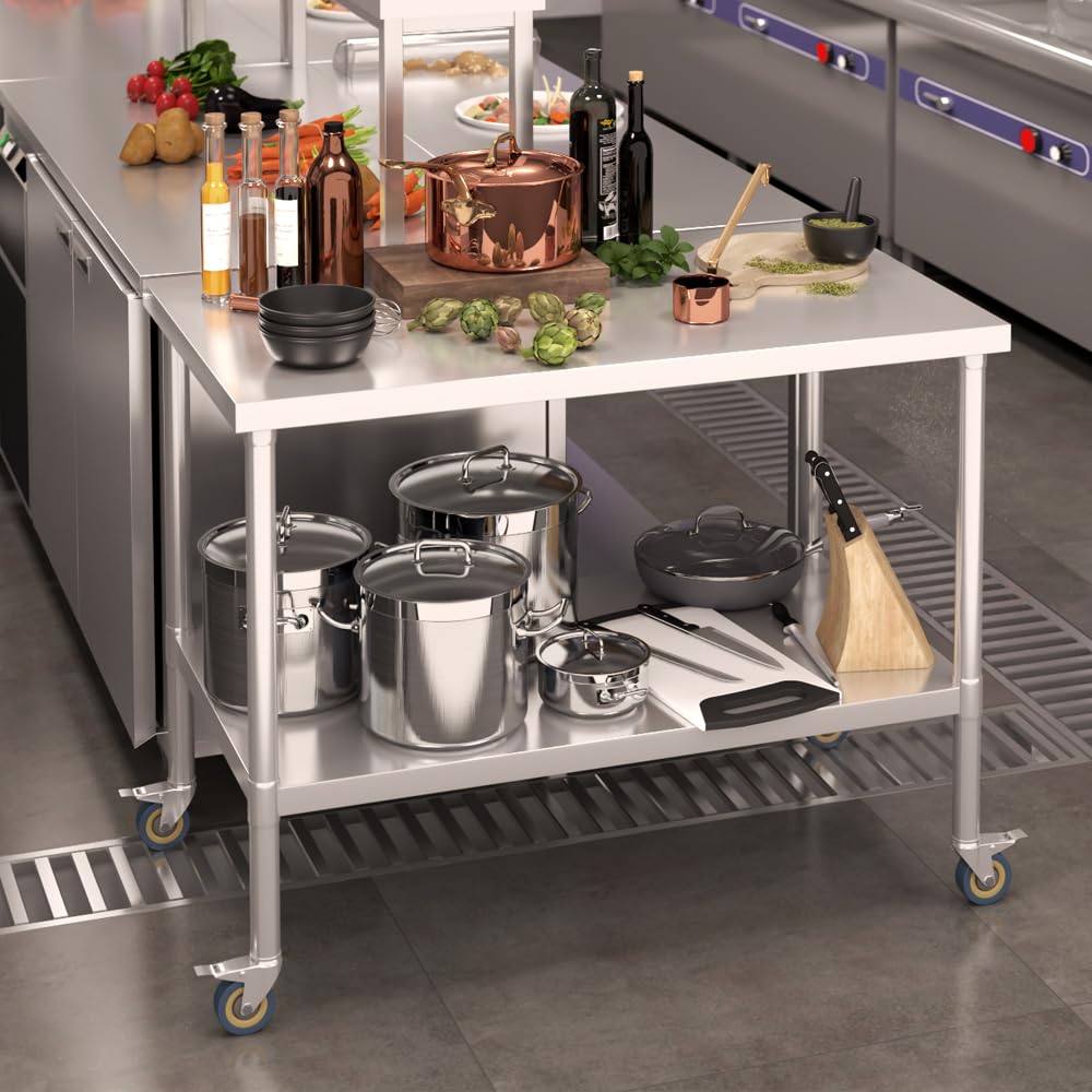 BPT Tavolo da lavoro da cucina in acciaio inox, regolabile in altezza, con ruote, carico totale 250 kg, per ristorante cucina (90 x 60 x 85 cm)