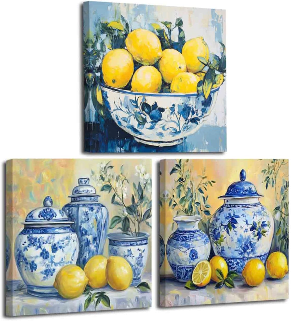 BJYCHG Lemon Wall Art Lemon Pictures for Kitchen Set of 3 Blue and Yellow Canvas Prints Citrus Fruit Poster Summer Paintings Bathroom Kitchen Decor Framed (12x12inx3 Pieces)