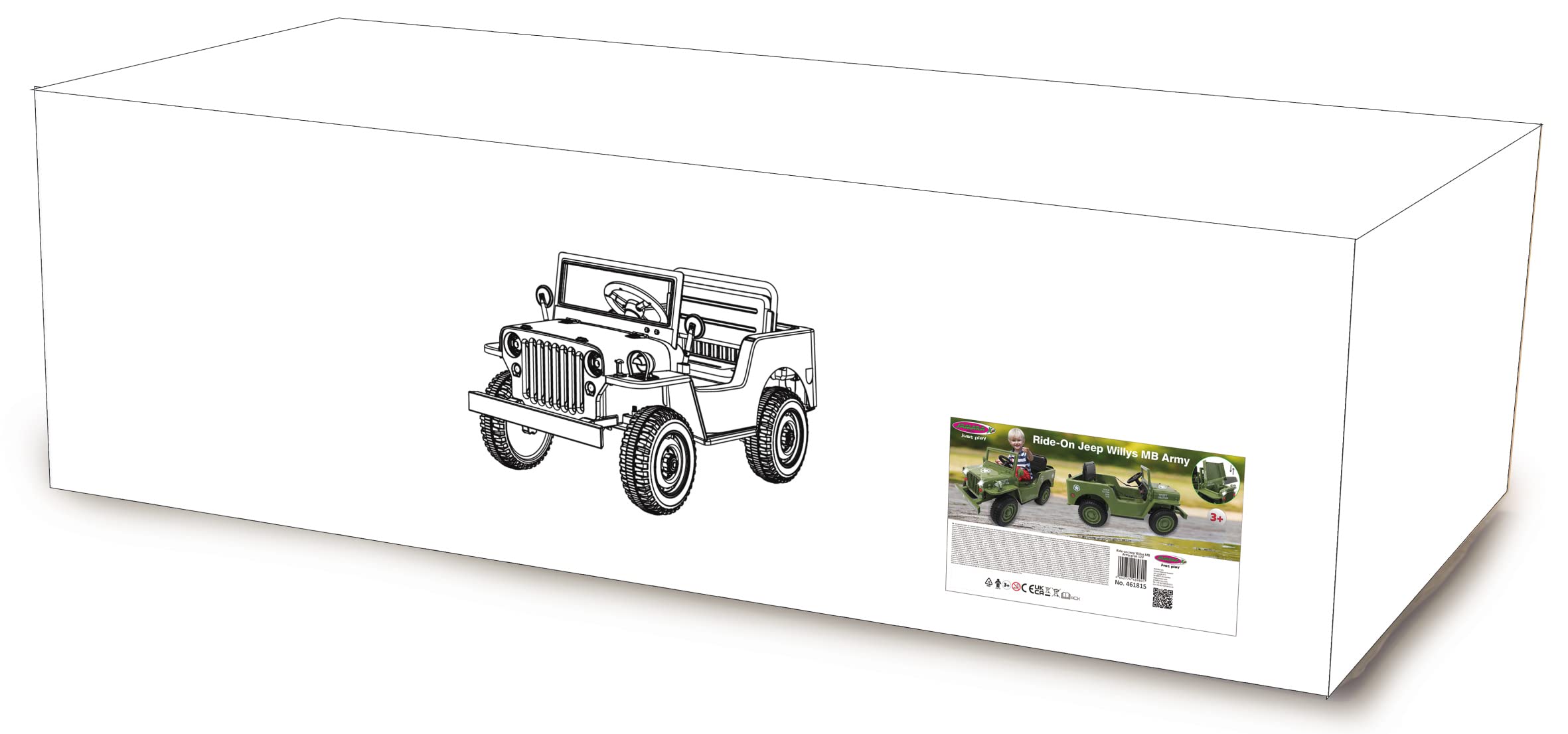 Ride-on Jeep Willys MB Army 12 V – Démarrage Doux, Coffre, Pelle Amovible, Port USB, Bluetooth, Voiture électrique
