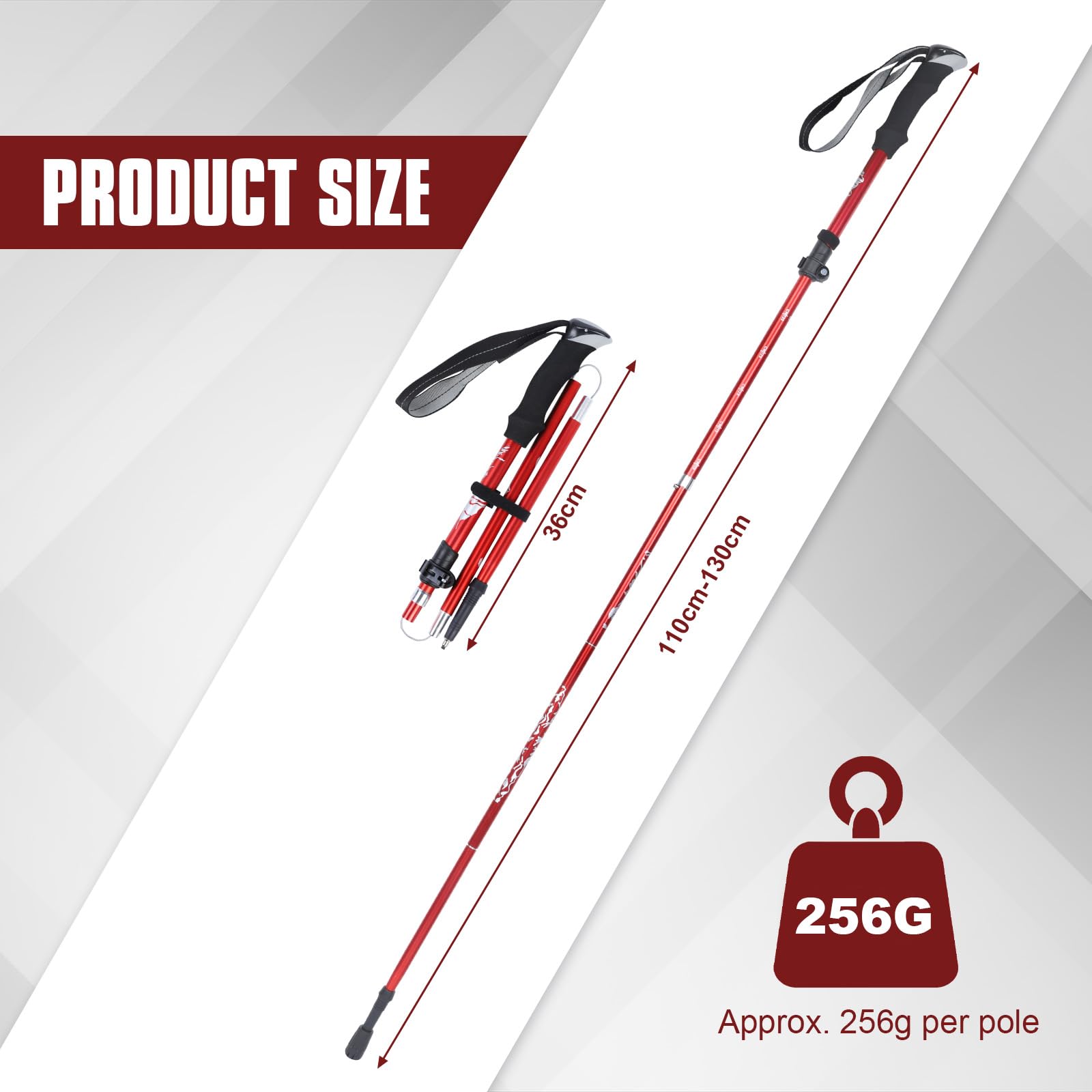 VINATO Bastoni da Trekking Pieghevoli, 2 Pezzi, Bastoncini Escursionismo in Lega di Alluminio 7075 Leggeri, Regolabili 110-130cm con Borsa da Trasporto, per Nordic Walking, Escursionismo, Rosso