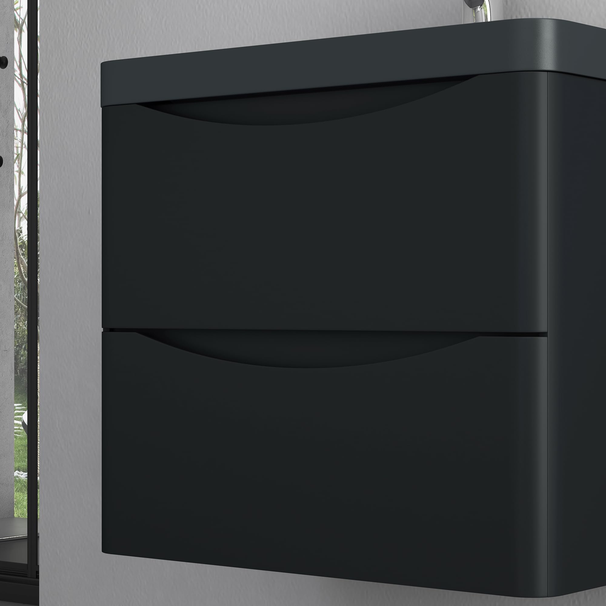 doporro Meuble de Salle de Bain Suspendus Noir Mat 60x42x50cm Ensemble de 2 Pièces Meuble avec Lavabo Design Smile-Lackier