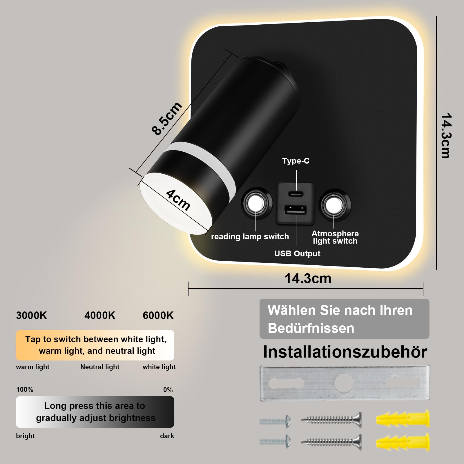 Milos nikkel LED wandlamp met USB oplaadpoort