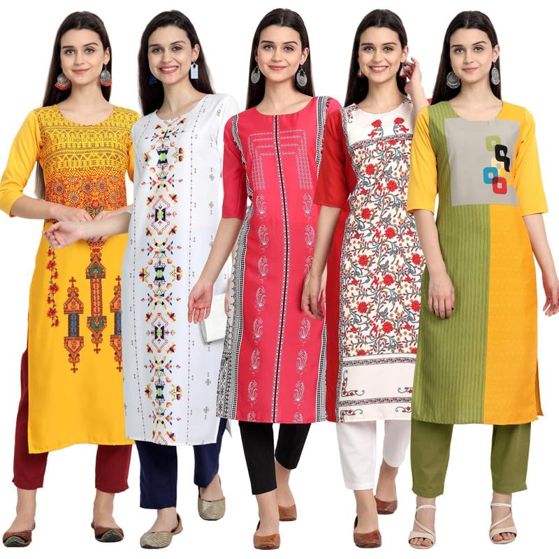 Pinkmint Women's Printed Kurti For Women's Round Neck Straight Kurti For Women (Pack Of 5)