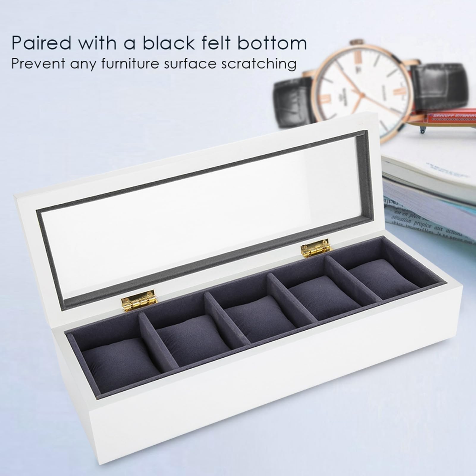 Caja de Almacenamiento de Relojes de 5 Rejillas con Almohadas Suaves para Exhibir Relojes y Joyas en un Diseño Elegante para Uso Doméstico o Tienda de (WHITE)