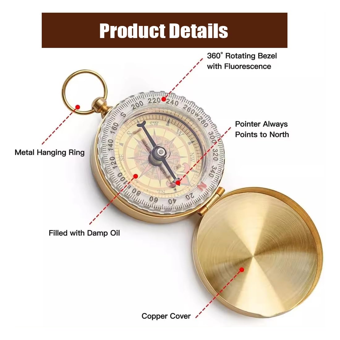 Bussola In Ottone Impermeabile Tascabile - Per Escursionismo, Campeggio E Navigazione - Foto 5