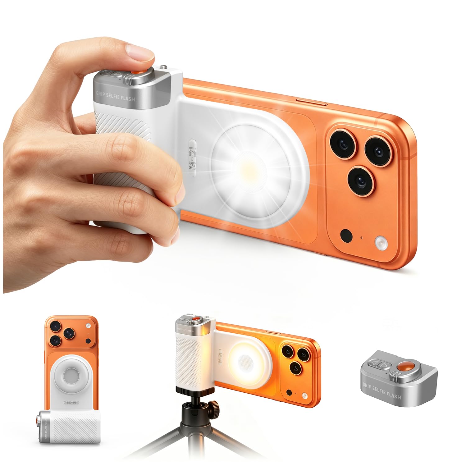 yAyusi Poignée à Selfie avec Fash,Poignée Magnétique pour Appareil Photo de Téléphone,avec Télécommande Détachable,Lumière Selfie Magnétique LED Réglable,Adaptée aux Selfies/TikTok/Créateurs