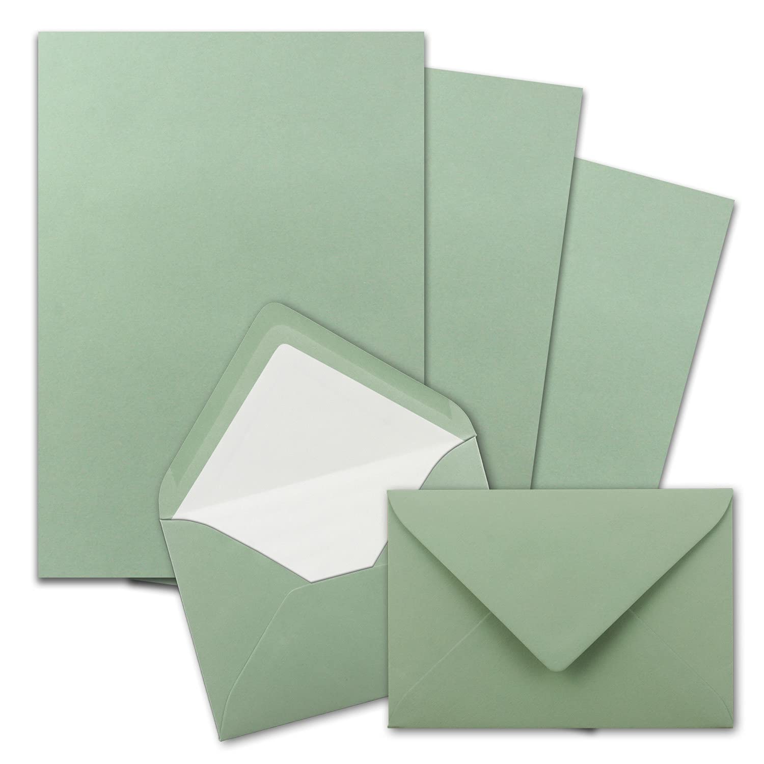 Set di 300 fogli di carta da lettere DIN A4 con buste foderate bianche in formato C6, incollaggio a umido, verde eucalipto, set di lettere in carta pregiata con buste abbinate