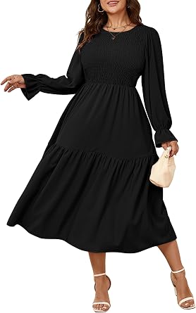 SHESTARR Womens Plus Size Dress Long Sleeve Crewneck Smocked Tiered Flowy Boho Wedding Party Maxi Dresses