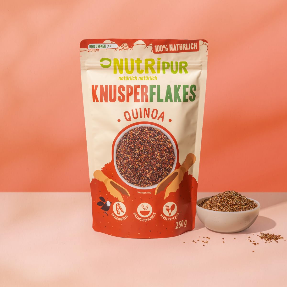 NutriPur Knusperflakes Quinoa - Quinoaflocken | gesunde Ceralien - High Protein Ergänzung, Topping für Salate, Suppen & Müsli - Proteinquelle, Ballaststoffquelle - 250g (Packung mit 6)