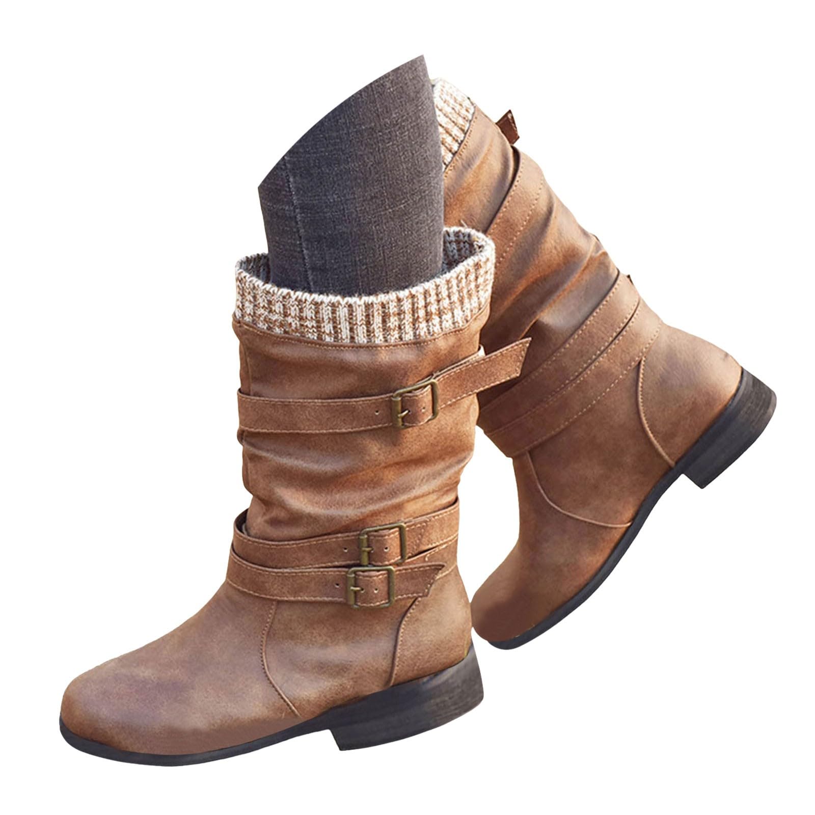 ZSpzx Womens Cowgirl Mid Calf Boots Slouch Ruched Leather Knit Wide Calf Buckle Straps Studded Chunky Block Heels