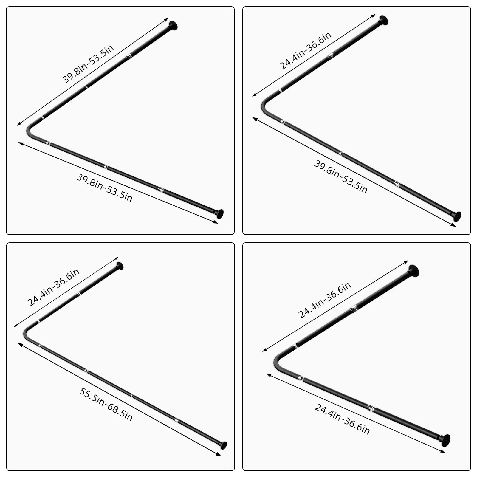 Bastone Tenda Doccia a L, estensibile 62–94x141–174cm, Nero | Dimensioni standard, 16 anelli per tenda doccia, leggero stabile, foratura, soffitto opzionale., doccia/vasca.