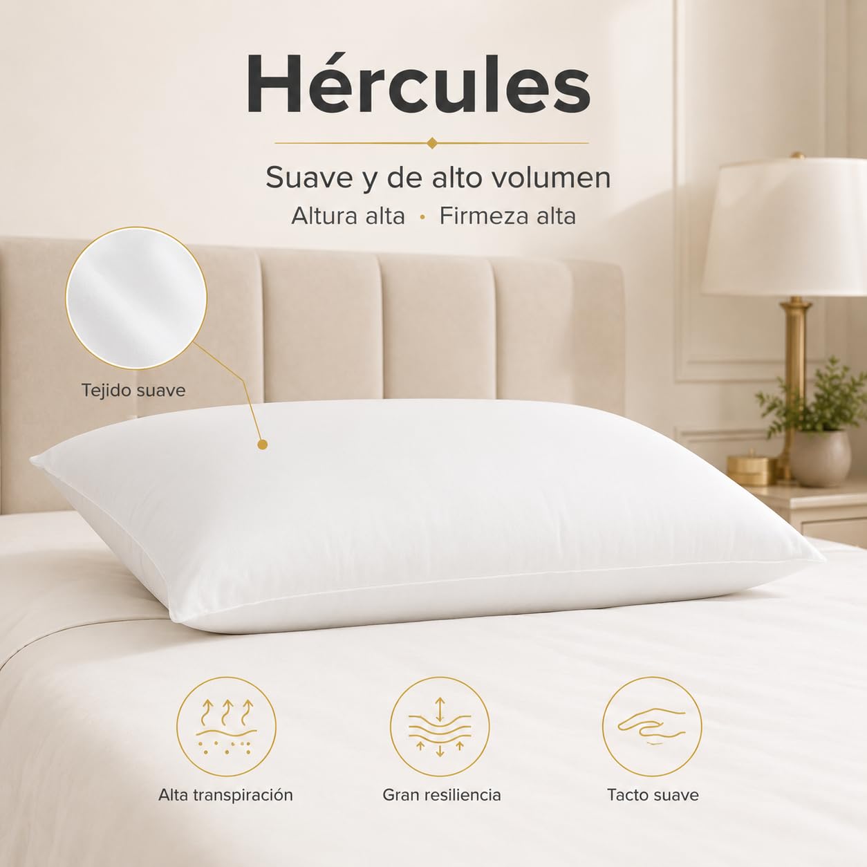 Moshy Almohada Hércules Alta de Fibra Hueca Siliconada, Tacto Suave y Gran Volumen, Doble Funda de Microfibra con Cremallera (150 cm)