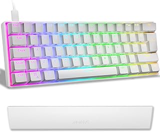 UK Layout 60% Mechanical Gaming Keyboard Type C Wired 61 Keys LED Backlit USB Waterproof Keyboard 14 Chroma RGB Backlight Anti-ghosting Keys+PU Leather Anti-Slip Memory Foam Wrist Rest (White)
