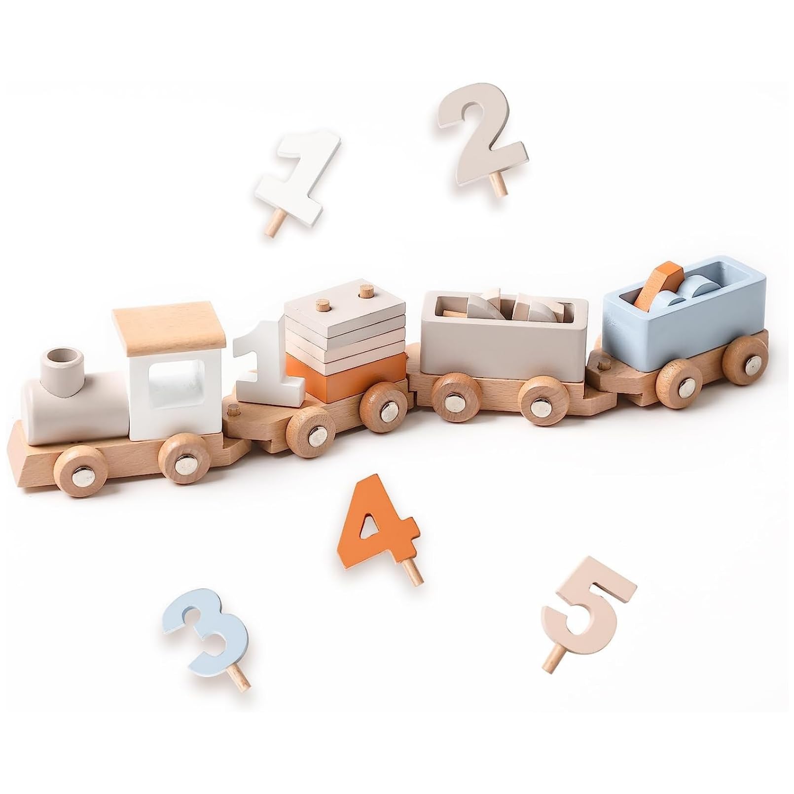 AM ANNA Baby Birthday Wooden Train Set for Baby Gift with Numbers and Blocks, Montessori Stacking Toys for Toddlers 1-5, Wood Train Toys for Toddler Boys and Girls 1 2 3 4 5 Birthday Gift