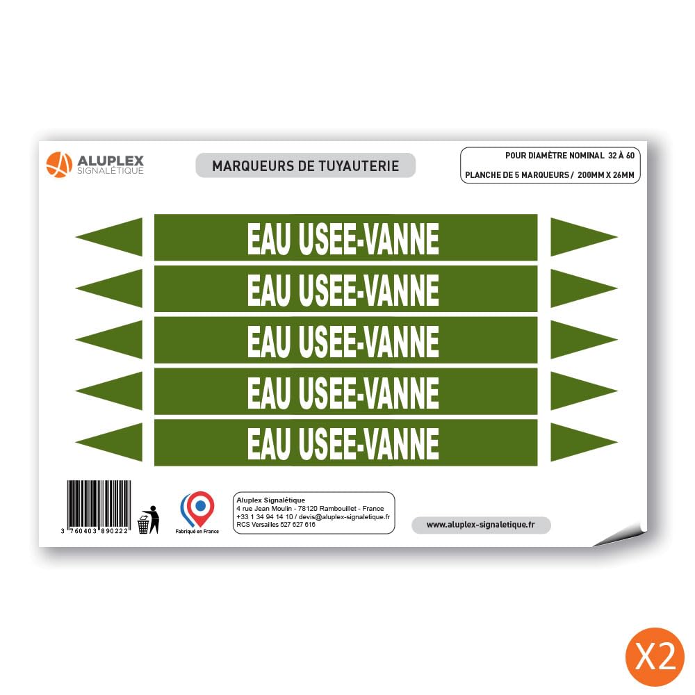 Planche de 10 marqueurs de tuyauterie EAU (Ø DM 32 à 60) pour fluide EAU USÉE - VANNE / 200 x 26mm