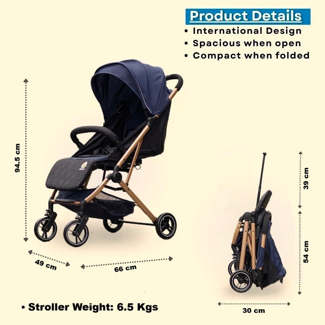 Chipzzie Travel Mate Baby Stroller – Pre-Installed, Lightweight, Compact & Travel-Friendly | One-Hand Fold | Full Recline & 5-Point Harness | Newborn to Toddler (0-3 Yrs) | Elegant Rose Gold Frame – Blue 2