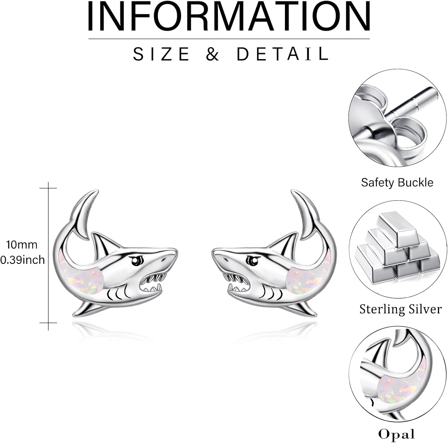 Dreamboat Opal Shark Stud Earrings for Women 925 Sterling Silver Hypoallergenic Ocean Animal Fish Jewelry Christmas Birthday Gifts for Shark Lovers