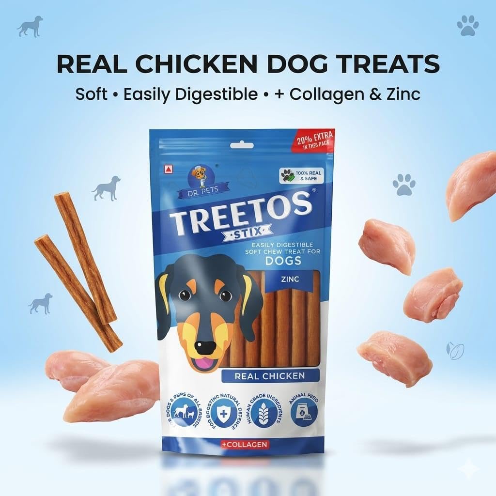 Dr. Pets Pack of 3 (85g Each) Treetos Chicken Stix Dog Treats | Real Chicken Flavour | Soft Chew Sticks for Puppies & Adult Dogs | Training Reward Snacks | Easy to Chew | Pouch Pack