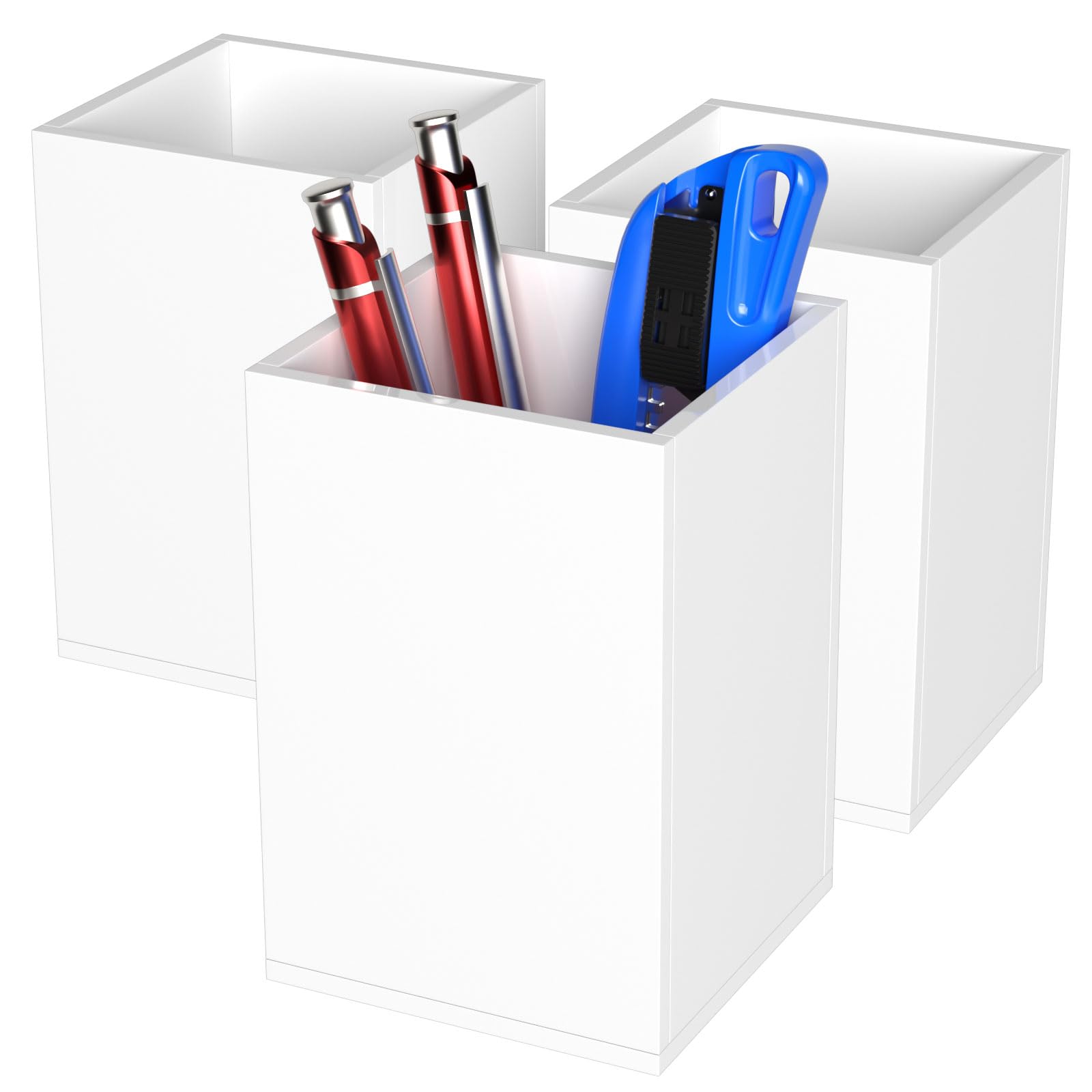 AITEE Portapenne in acrilico bianco, 3 pezzi, portapenne, organizer da scrivania, quadrato, portapenne, portapenne, per ufficio, scuola, uso domestico (7,6 x 7,6 x 10,9 cm)