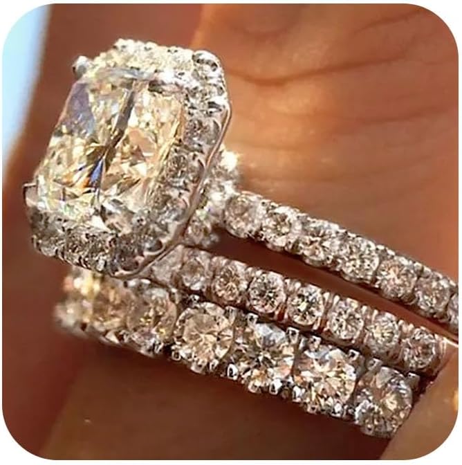 925 Sterling Silver Shiny Full Diamond Rings Three Sets of Rings Cushion Cut 4ct Diamonds Stone Engagement Wedding Band Ring Size 7