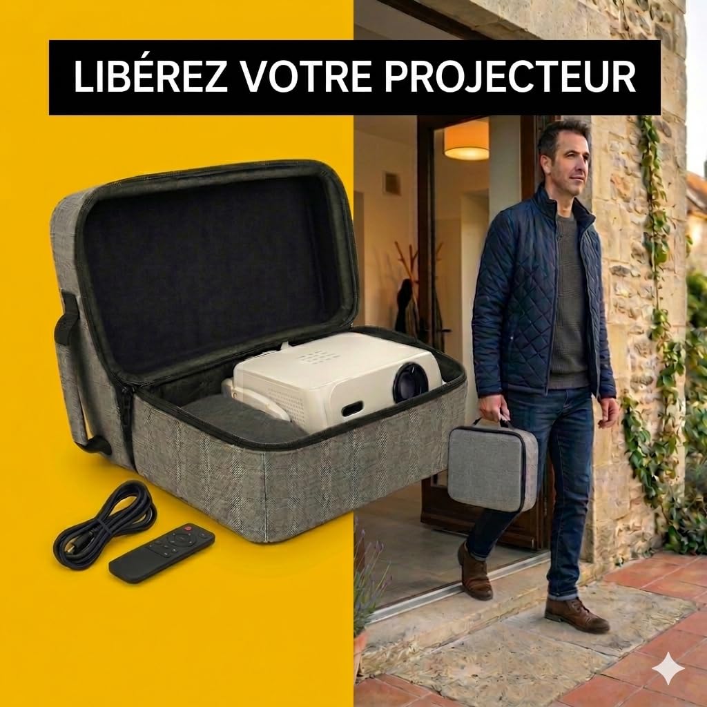 Projecteur Portable 4K Full HD 1080P avec Support Ajustable Intégré, HDMI/USB, Home Cinéma