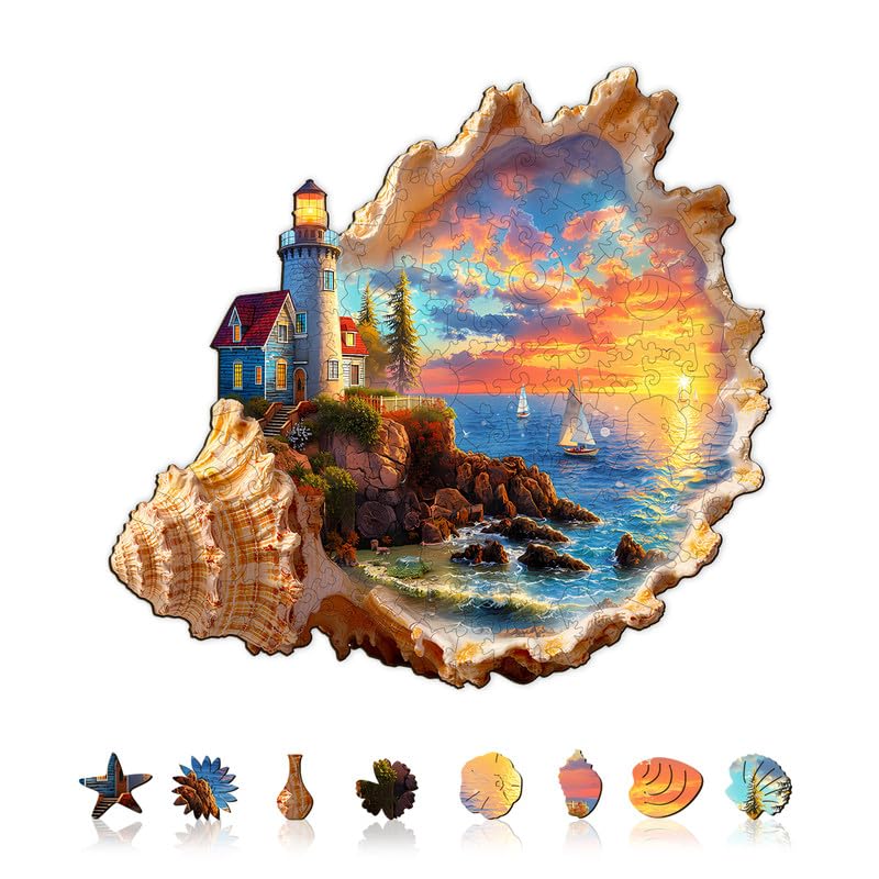 Jigfoxy Wooden Puzzles for Adults, 210-Piece Sunset by The Seaside Jigsaw Puzzle, Unique Animal-Shaped Jigsaw Puzzle for Adults and Teens, Creative Gift with Premium Wooden Box,13.4 * 12.6in — image 1