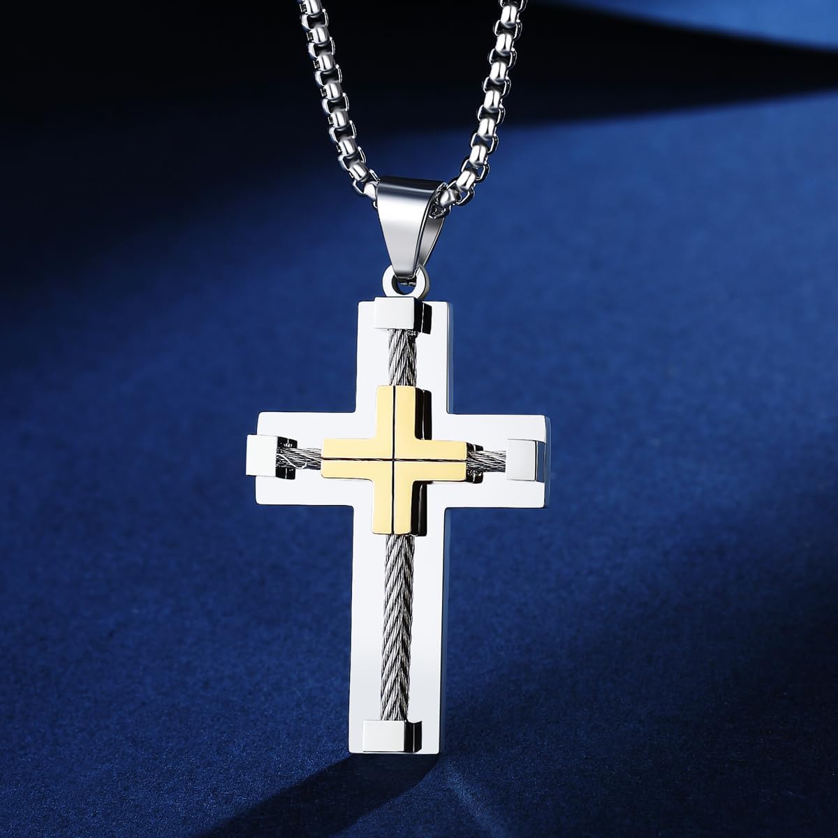 Cross Necklace for Men 316L Stainless Steel Big Jesus Christ Silver/Gold/Black Men's Cross Pendant Necklace Rolo Chain - Image 4