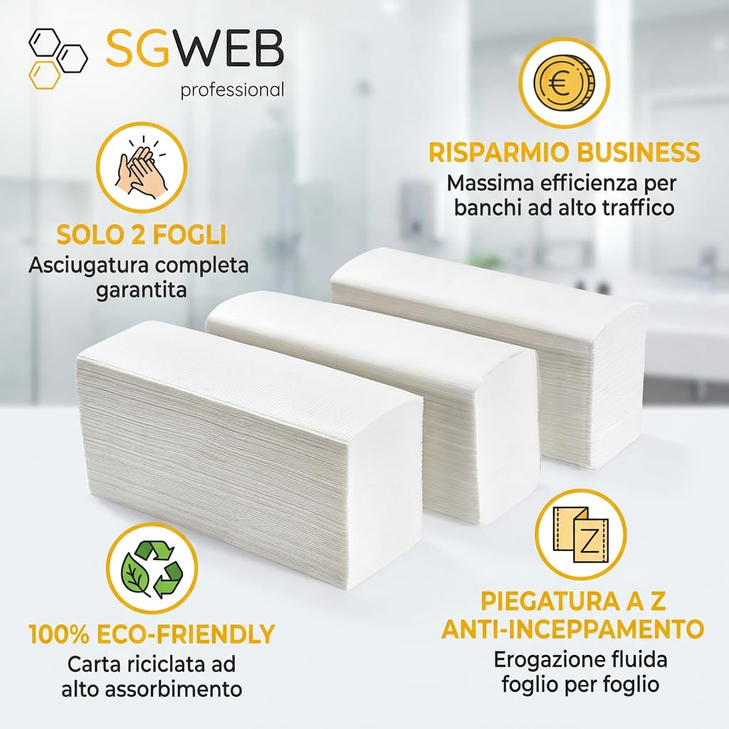 Asciugamani di Carta Piegati a Z [7.500 Fogli] 2 Veli in Pura Ovatta, Salviette Interfogliate Antinceppo 22,5 x 24 cm per Dispenser Bagno Prodotto Professionale [50 Confezioni]