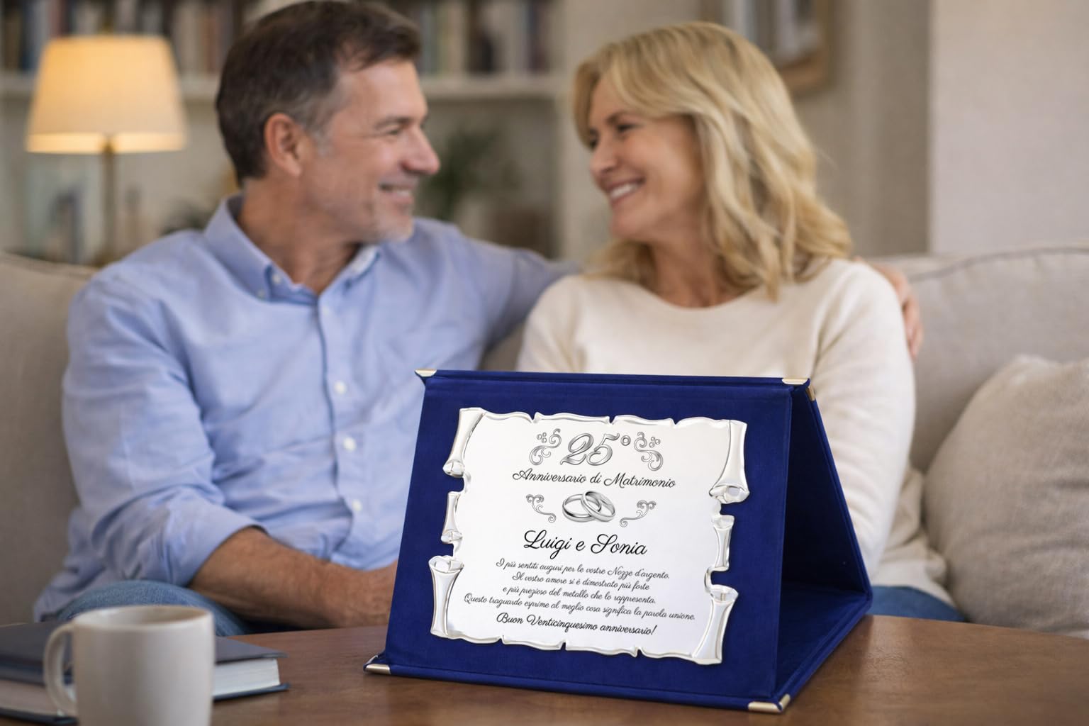 Targa 25° Anniversario di Matrimonio NOMI PERSONALIZZATI | Elegante Regalo Anniversario Nozze d'argento | Pergamena Argentata su Cofanetto in Velluto Blu