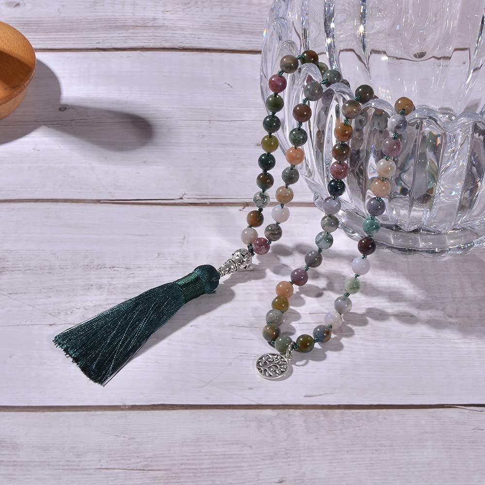 108 Mala Prayer Beads Necklace Natural Stones Meditation Yoga Jewery 108 Hand Knotted Japa Mala Beaded Long Tassel Necklace with Tree of Life Pendant for Men and Women - Image 5