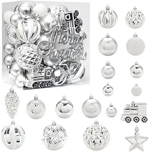 65ct Christmas Balls Ornaments, Shatterproof Plastic Decorative Baubles for Xmas Tree Decor, Multi-Size Christmas Ornaments Set for Tree, Home Indoor Party Decor, Silver