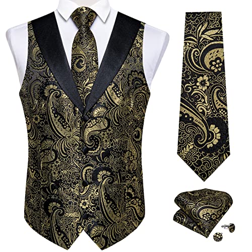 Image of DiBanGu Mens Paisley Vest Silk Sleeveless Suit Vest and Neck Tie Pocket Square Cufflinks Set for Wedding Formal