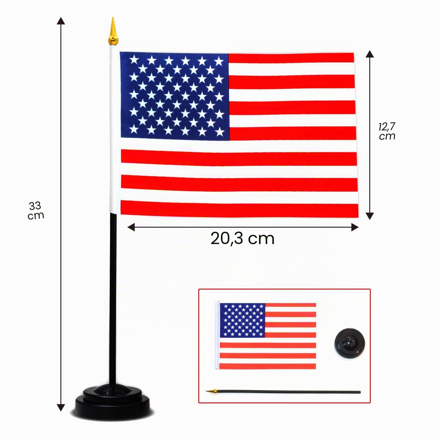 Anley 24 Länder Deluxe Schreißtischflaggen Set - 7,5 x 5,5 Zoll Miniatur Amerikanische US Schreißtischflagge mit 12,5" schwarzem Mast - Lebendige Farbe und lichtecht - Kommt mit schwarzem Sockel