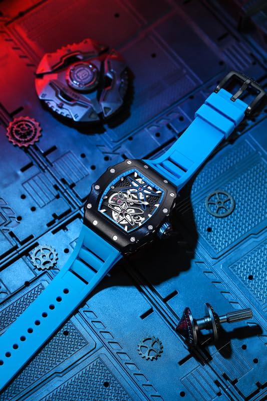 Image of Giordano Analog Skeleton Dial Watch for Men - Tonneau Case, Silicone Strap, Open-Gear Sport Design, Quartz Movement