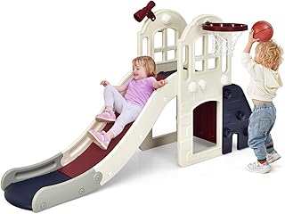 COSTWAY Gran Tobogán Infantil 6 en 1, Juego Infantil con Cesta, Pelota, Lanzamiento de Anillas y Telescopio, Parque Infantil de Interior y Exterior para Niños y Niñas (Azul)