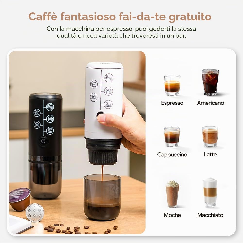 3-in-1 Macchina da caffè portatile senza funzione di riscaldamento, Macchina da caffè elettrica, 17 bar Mini macchina da caffè per NES PRESSO/DolceGusto Pads e caffè macinato per il viaggio
