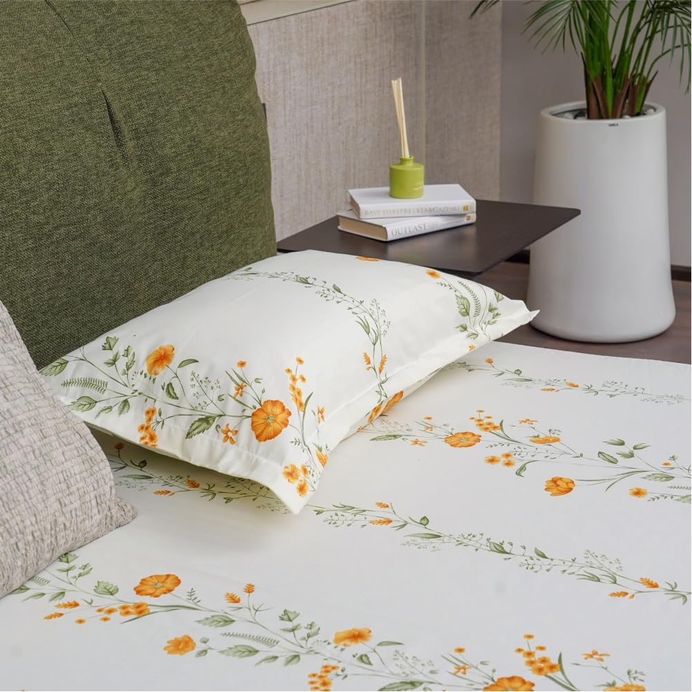 Urban SpaceUrban Space Serene 100% Cotton 200 TC Printed Bedsheet for Single Bed with 1 Pillow Cover (Size 58 x 90 inches, Veil Bloom - Yellow)
