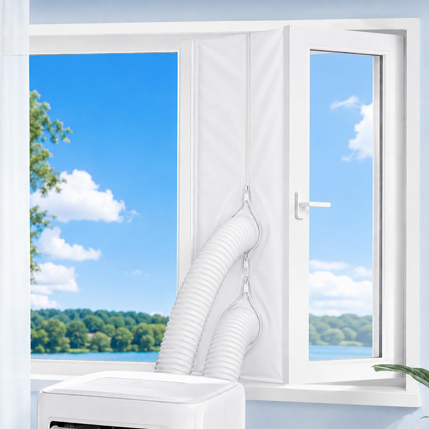 400cm Universal Nylon Air Conditioner Window Seal, Portable Air Con Window Seal Kit No Drill Vent Kit Industrial Adhesive Self Locking Zipper Fit Casement AC Air Conditioner Tumble Dryer Dehumidifier