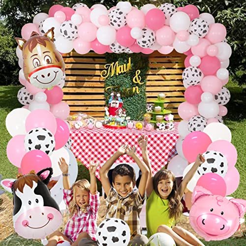 Cow Farm Theme Birthday Decorations Pink Girl Barnyard Birthday Balloon Garland Arch Pink Barn Birthday Backdrop With Cow Head And Cow Print Balloons For Girls Birthday Party #TOP4