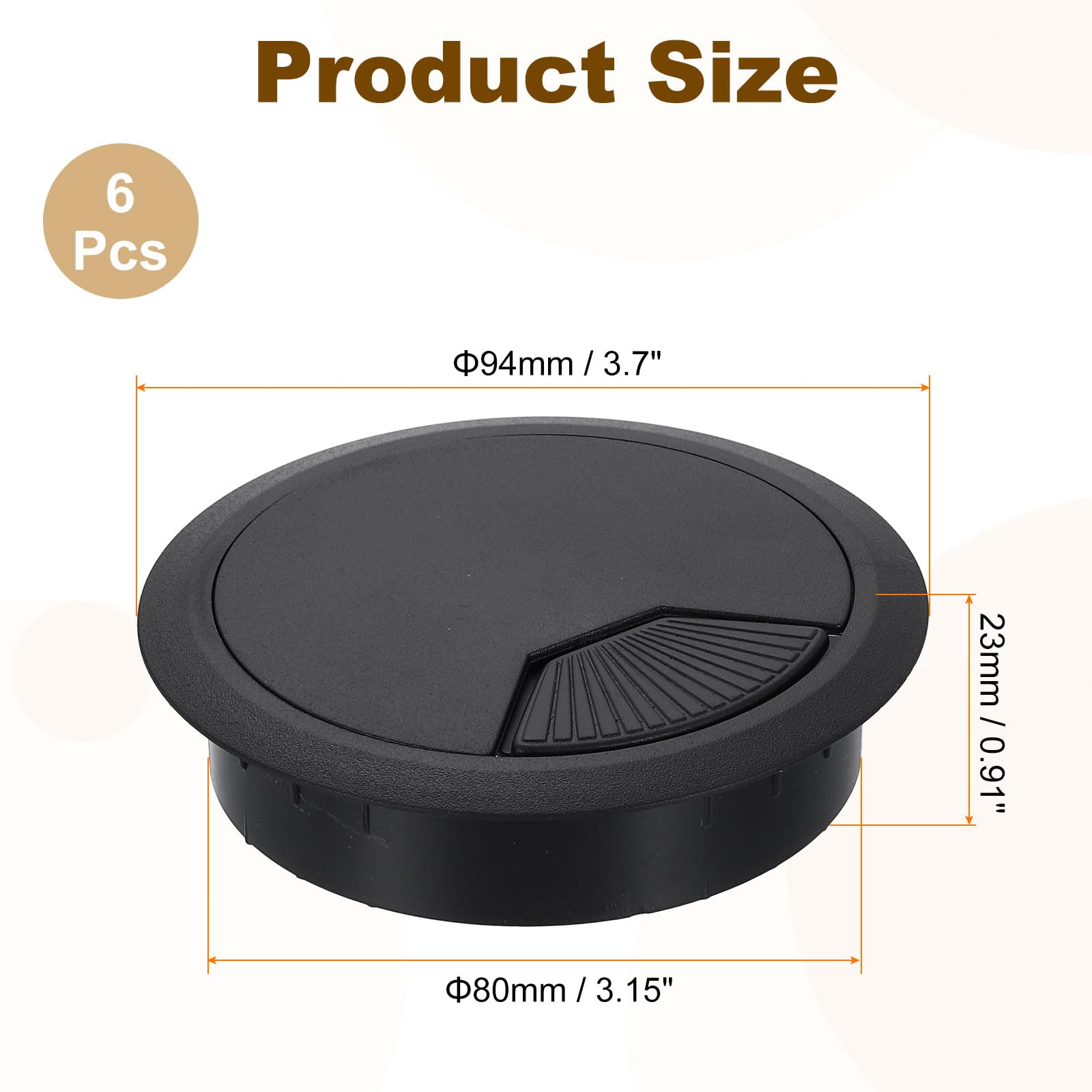 uxcell 6 Pcs 80mm (3.15 Inch) Desk Grommet, Plastic Cable Hole Cover, Wire Cord Cable Organizer for Home Office Computer Desk Cabinet, Black