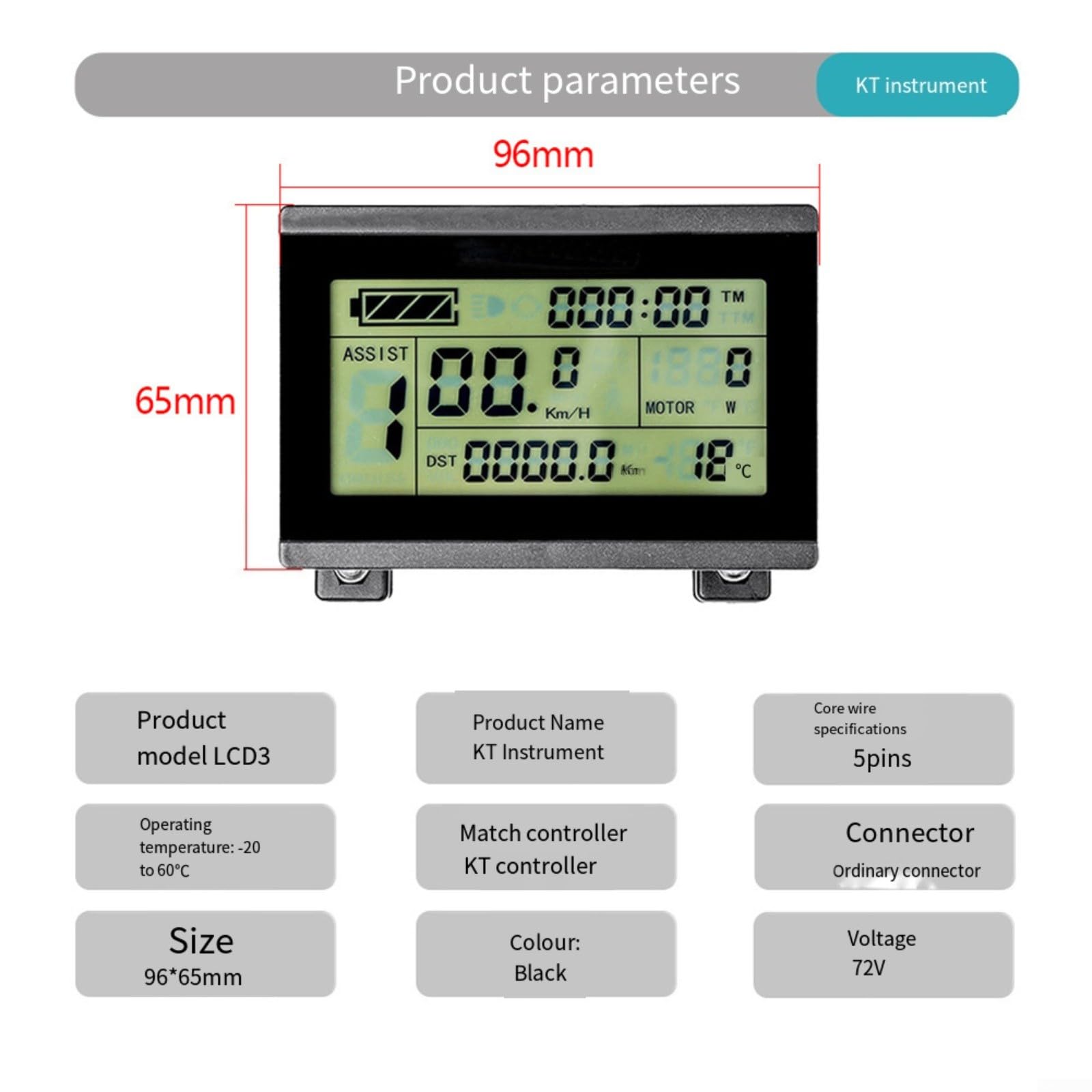 Pannello strumenti LCD a colori, per controller bici elettriche KT-LCD3 72 V 5 pin SM connettore display resistente alle intemperie, per pendolari e ciclisti, nero