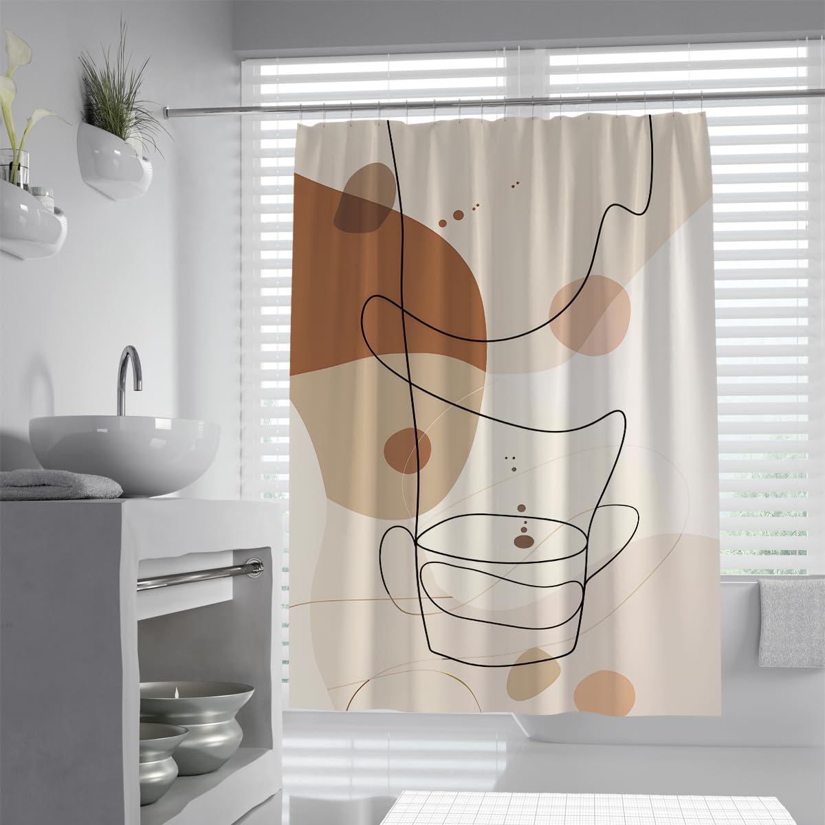 Uiringart Shower Curtains Brown Beige Abstract Coffee Cup W180xl200cm Mid Century Nordic Anti Mould Water Repellent Walk In Shower Decor With Hook
