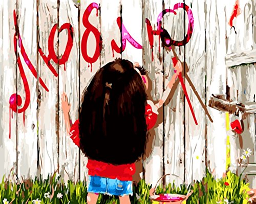 [ De madera enmarcada o no] [Nueva liberación] Pintura al óleo DIY por Numbers, Pintura al número Kits - Encantador niña Graffiti de 16 x 20 pulgadas lino - Digital pintura al óleo, lienzo de pared, creación paisaje, pintura para la bienvenida a la vida, habitación, oficina, decoración, regalos, bricolaje, pintura por números, lona para niños, estuche para adultos adelantados. Seniors Junior Nuevo Arrivee (con marco)