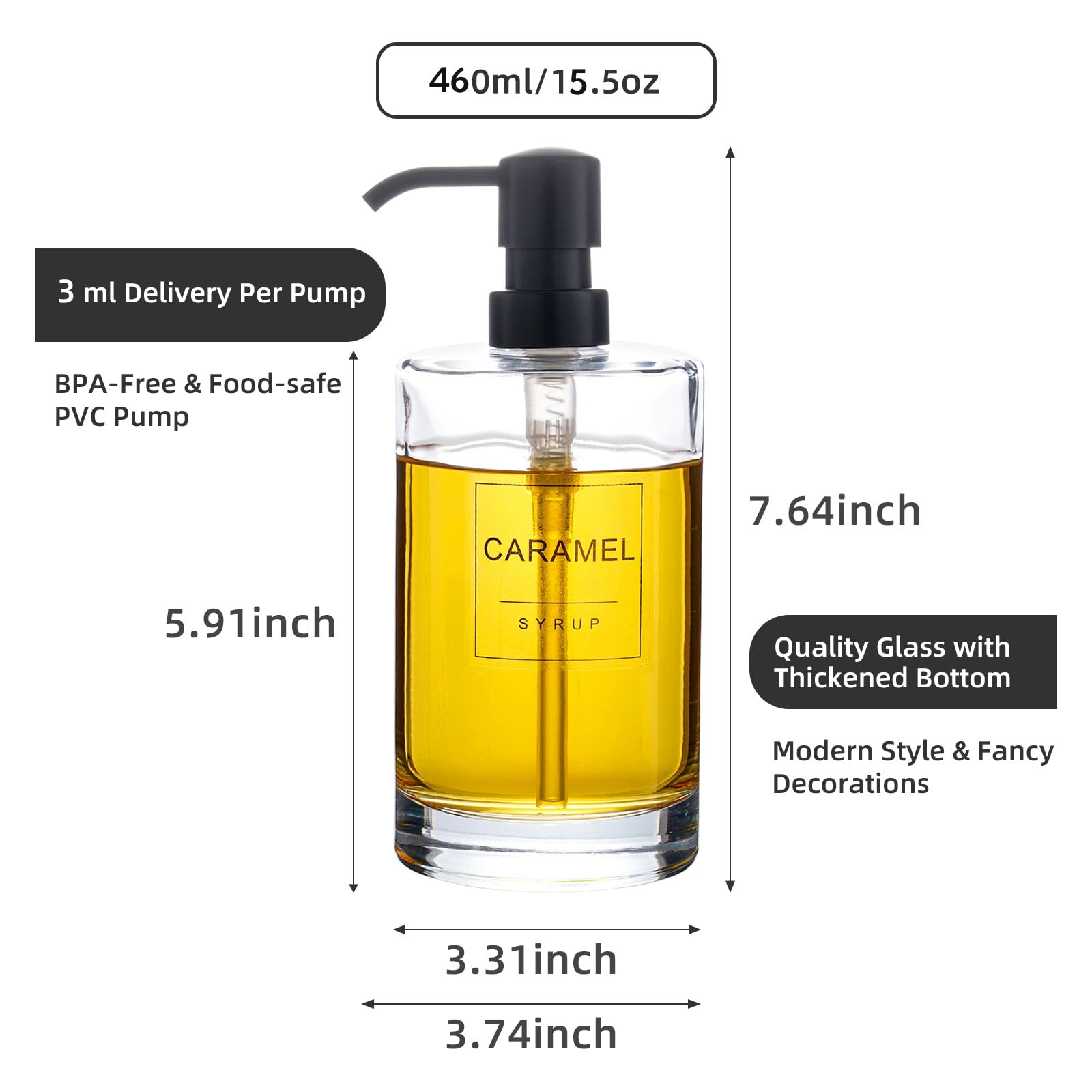 Coffee Syrup Dispenser for Coffee Bar, Coffee Syrup Pump Dispenser, Glass Syrup Bottle with Black Upgraded Pump, 2 Pack 15.5 oz 460 ml Syrup Dispensers, 18 Labels