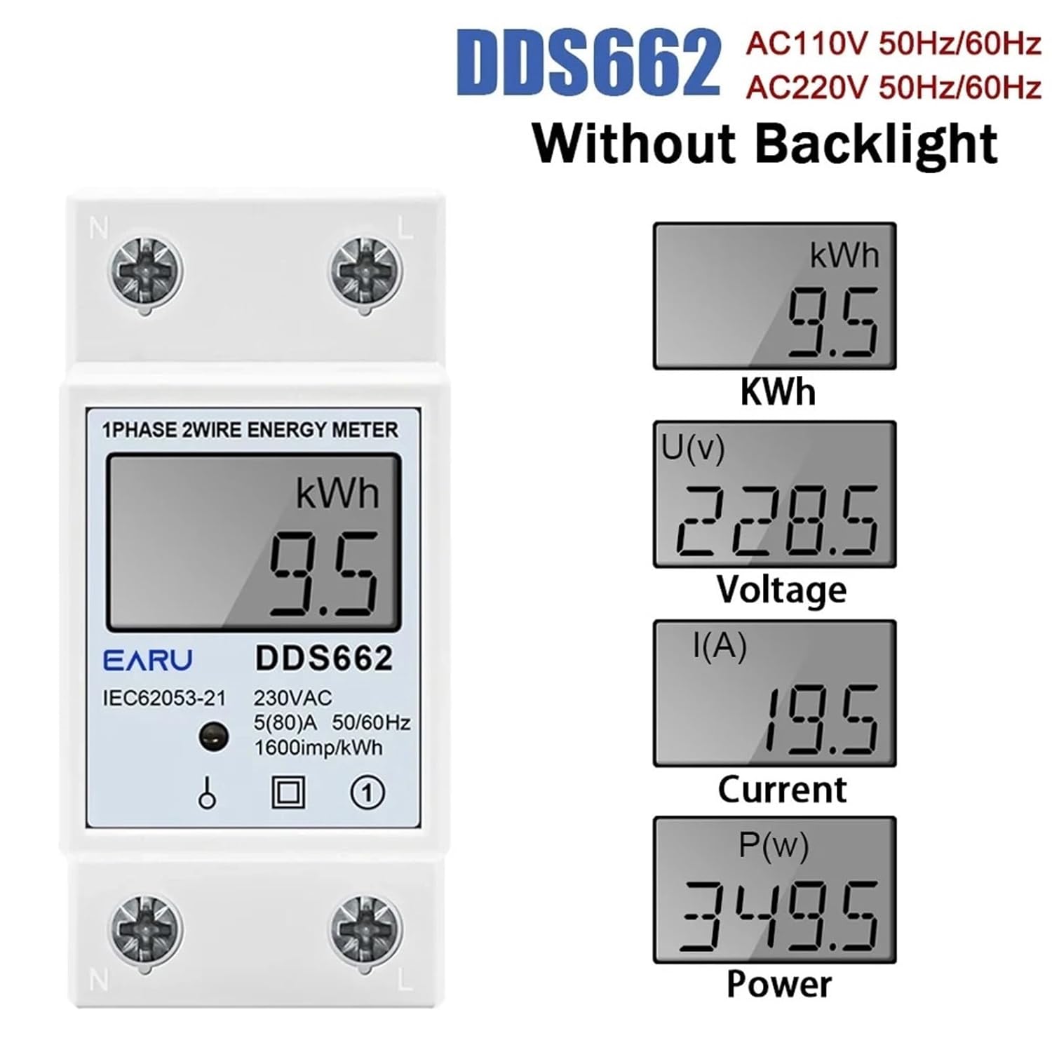 Din-Rail Power Energy Meter 5-80A LCD Backlight Digital Display Single Phase Electronic Energy KWh Meter Voltmeter Ammeter Volt(Without Backlight,110V)