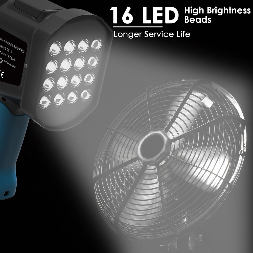 Estroboscopio Digital de Mano de 60 A 99999 FPM, Tacómetro con Luz Estroboscópica Sin Contacto, Alta Precisión, 0,001%, Flash LED, Azul